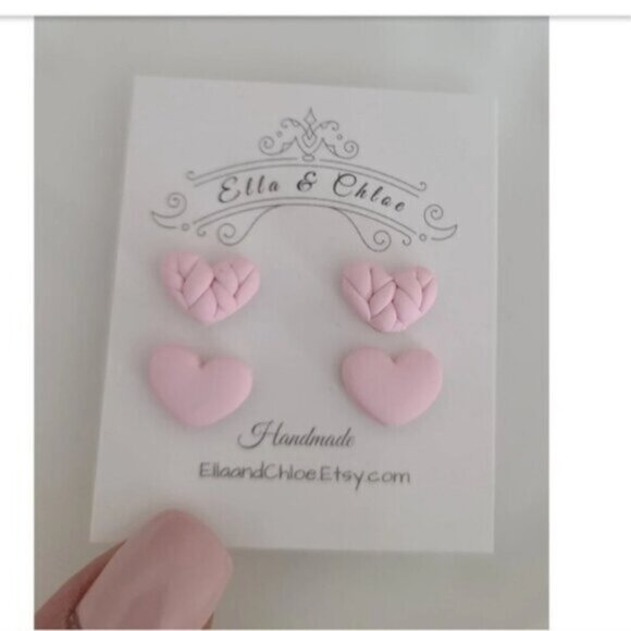 Powder Pink Mini Heart Stud Earring Set of 2 Dainty Minimalist - Picture 2 of 4